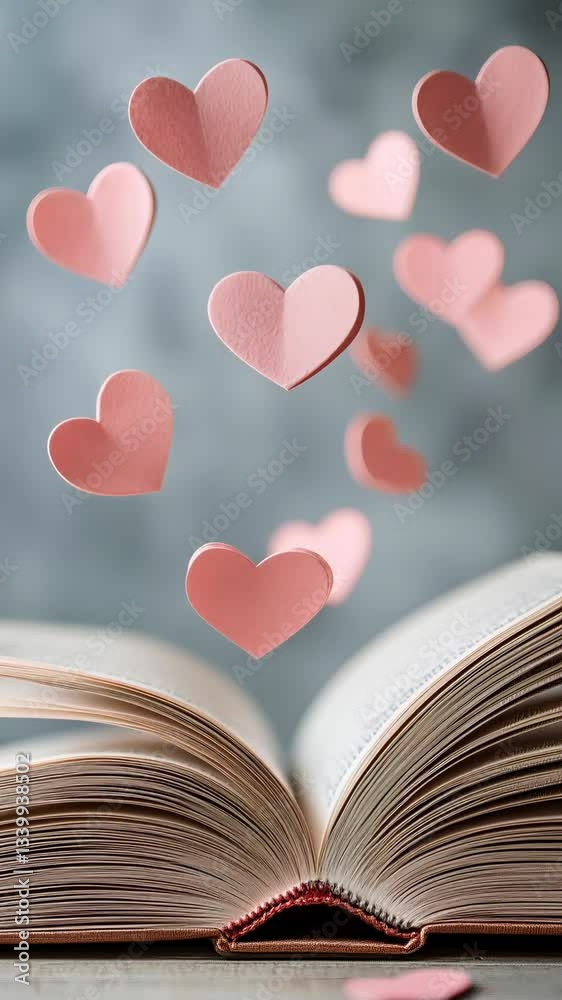 An open book reveals its pages while pink paper hearts float gracefully around it, creating a magical atmosphere. This artistic arrangement captures the essence of love and creativity An open book reveals its pages while pink paper hearts float gracefully around it, creating a magical atmosphere. This artistic arrangement captures the essence of love and creativity