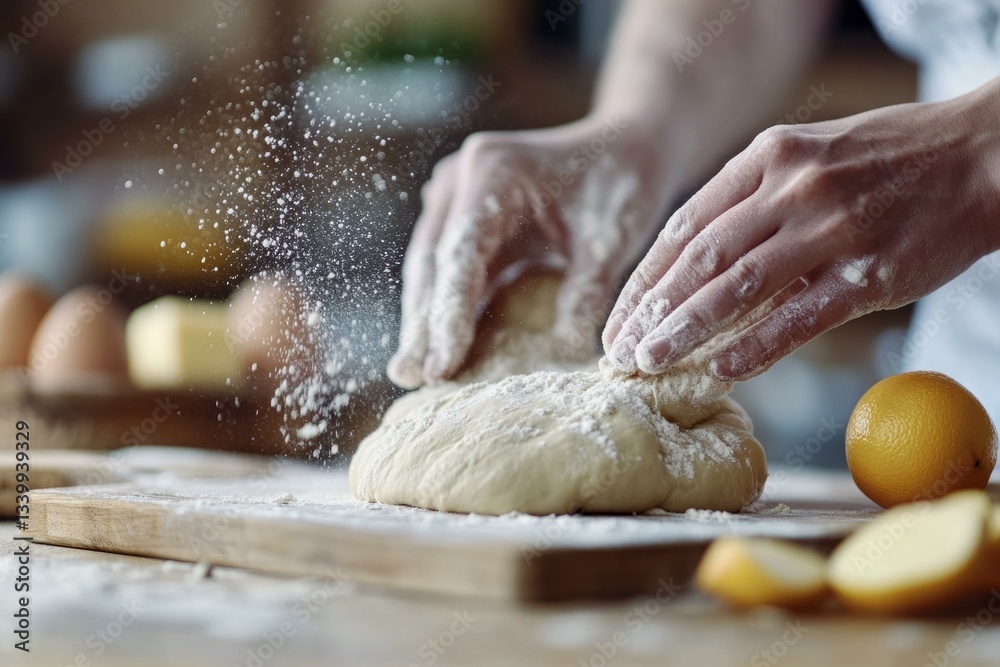 Easter bakery preparation: hands kneading dough for traditional cake with fresh ingredients and flour dusting in kitchen Easter bakery preparation: hands kneading dough for traditional cake with fresh ingredients and flour dusting in kitchen