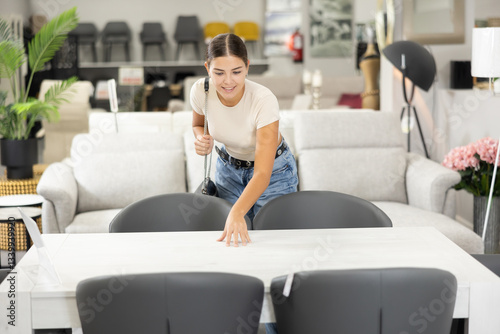 Girl customer stay at table in furniture store, admiring its unique design and usability craftsmanship. She envisions working from home at this table photo