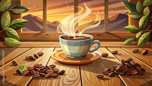steaming cup of espresso sits on a rustic wooden table, surrounded by scattered coffee beans and soft morning light