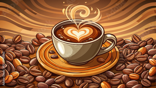 steaming cup of mocha with a heart-shaped latte art design, resting on a bed of scattered coffee beans