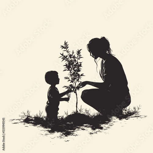 Minimalist silhouette of a mother and child planting a tree together, symbolizing growth, nature, and family bonding on a light background
