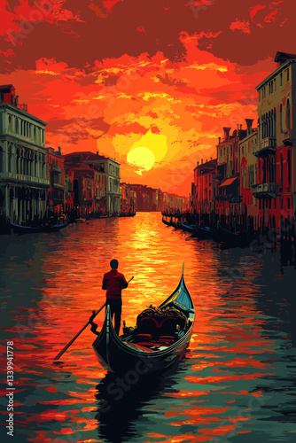 Romantic Venetian canal at sunset, featuring a gondolier navigating calm waters, surrounded by historic buildings reflecting the warm golden and red hues of the sky