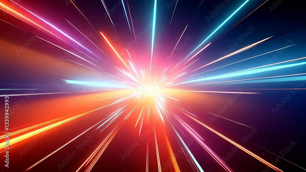 Abstract vibrant light burst, radiating outwards.  Dynamic energy explosion, speed lines