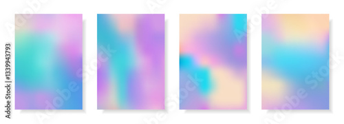 Set of abstract decorative holographic cards with iridescent effect. Colorful rainbow digital futuristic backgrounds. Vector templates for web banner, cover, brochure, presentation, leaflet, flyer.