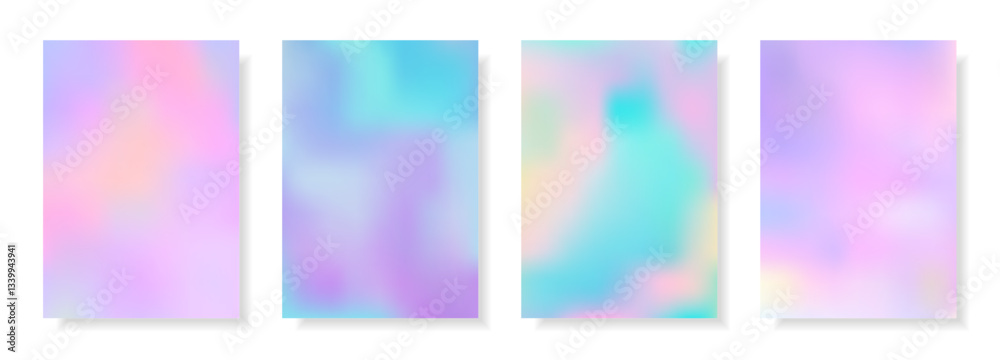 Set of abstract decorative holographic cards with iridescent effect. Colorful rainbow digital futuristic backgrounds. Vector templates for web banner, cover, brochure, presentation, leaflet, flyer. Set of abstract decorative holographic cards with iridescent effect. Colorful rainbow digital futuristic backgrounds. Vector templates for web banner, cover, brochure, presentation, leaflet, flyer.