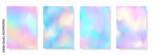 Set of abstract decorative holographic cards with iridescent effect. Colorful rainbow digital futuristic backgrounds. Vector templates for web banner, cover, brochure, presentation, leaflet, flyer.