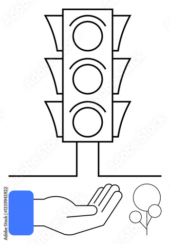 Traffic light with three empty circles, outstretched hand with wristband, and minimal tree design. Ideal for road safety, guidance, urban management, control, eco-awareness, decision-making flat