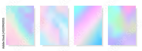 Set of abstract decorative holographic cards with iridescent effect. Colorful rainbow digital futuristic backgrounds. Vector templates for web banner, cover, brochure, presentation, leaflet, flyer.