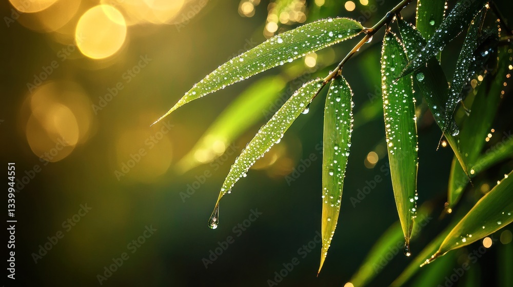 Closeup of Dew Drops on Lush Green Leaves at Sunrise