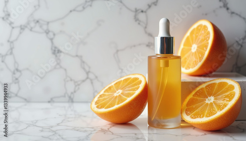 Skincare products with vitamin C natural face serum in glass dropper bottle with fresh oranges