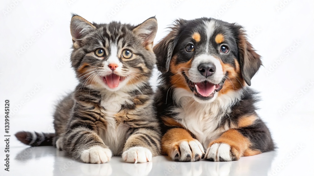 Adorable Bernese Mountain Dog Puppy and Gray Tabby Cat Playing - Happy Pets Stock Photo Adorable Bernese Mountain Dog Puppy and Gray Tabby Cat Playing - Happy Pets Stock Photo