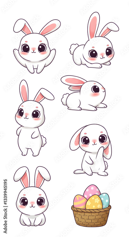 Fototapeta premium Collection of adorable cartoon bunnies in different poses, with a festive Easter egg basket