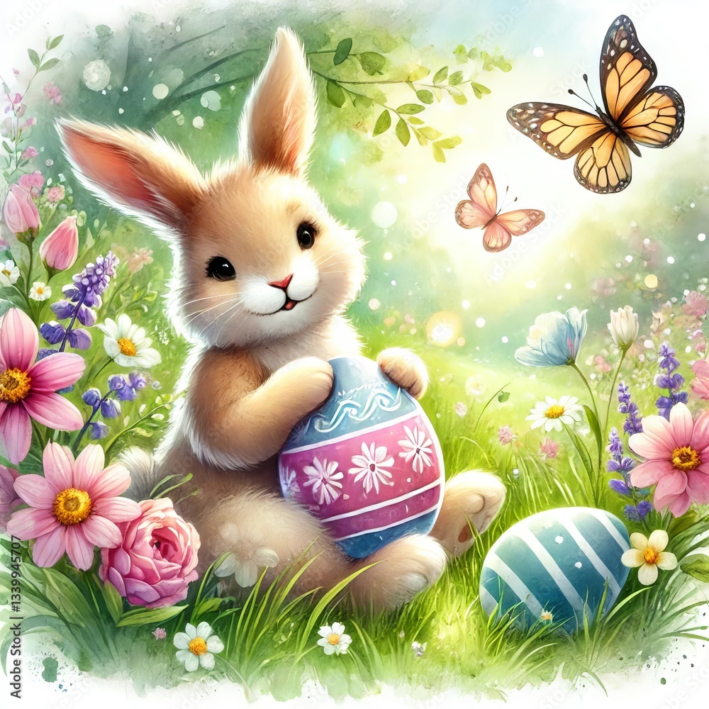 custom made wallpaper toronto digitalA joyful Easter Bunny sits in a meadow filled with spring flowers, holding a beautifully painted egg. Soft pastel colors, butterflies, and sunlight create a dreamy watercolor scene.