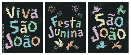 Set of posters to celebrate Saint John's Day. Cordel style, Brazilian woodcut Translation, long live Saint John, June festival, Saint John