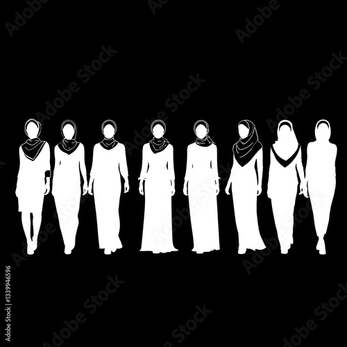 Set silhouettes of muslim woman wearing islamic clothing style. hijab.  abaya. Vector illustration.Silhouette moslem girl. modern hijab. black and white Islamic fashion. jilbab. veil. silhouette hijab