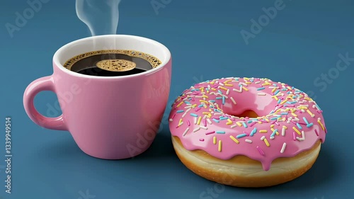 Steaming mag of cofee with a donut topped with pink glaze against a blue background
