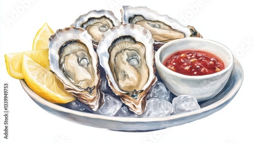 Fresh oysters on ice, served with mignonette sauce and lemon wedges, watercolor style