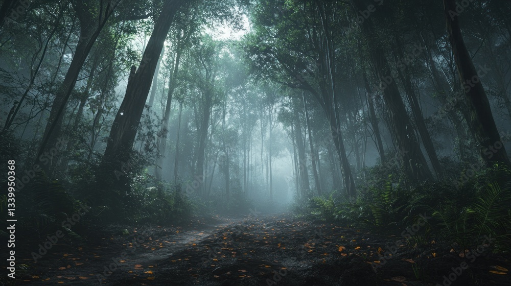 Naklejka premium Enchanted Forest Pathway with Sunlight Filtering Through Trees Mysterious Atmosphere Natures
