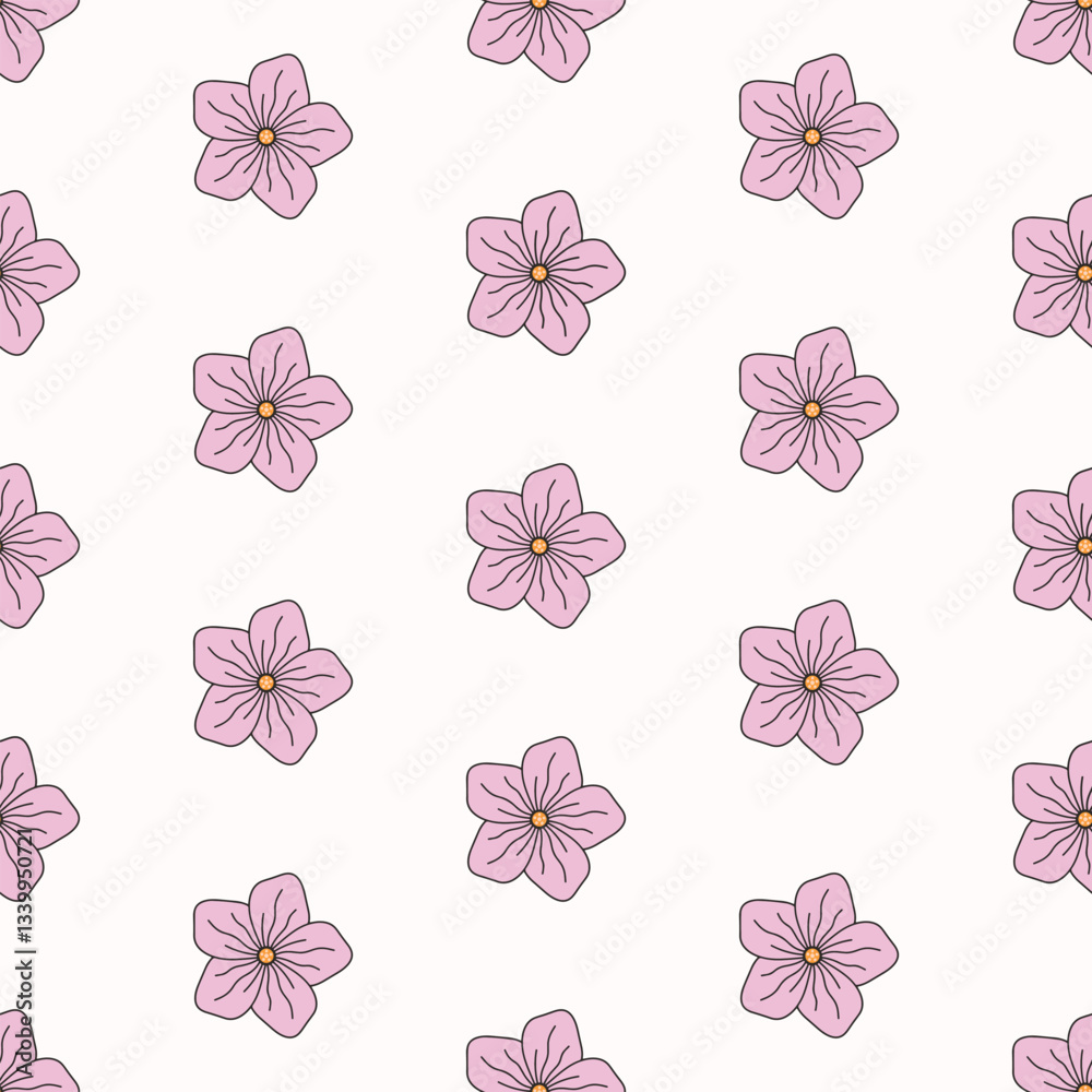 Fototapeta premium Seamless pattern of hand drawn cherry blossoms flowers, wild flowers on isolated background. Design for springtime, mother’s day, scrapbooking, nursery decor, home decor, paper crafts, invitation.