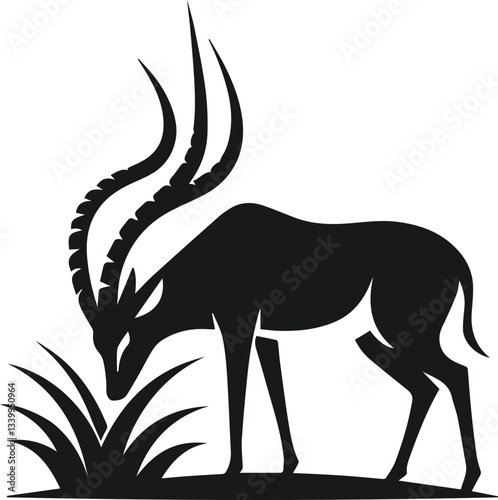 Vector silhouette of an antelope nibbling on grass