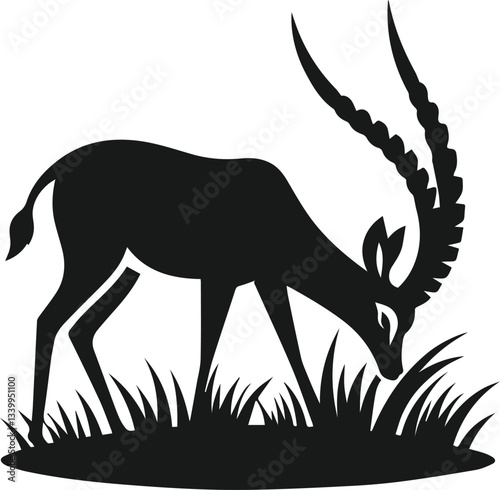 Vector silhouette of an antelope nibbling on grass
