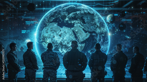 Military personnel silhouettes viewing holographic Earth display in command center. Futuristic tactical operations room with global monitoring system showing Europe, Africa, and Middle East in blue