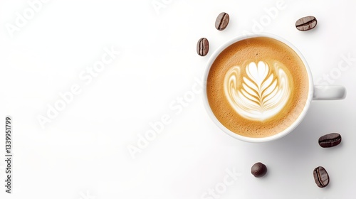 Beautiful latte art in a cup surrounded by coffee beans