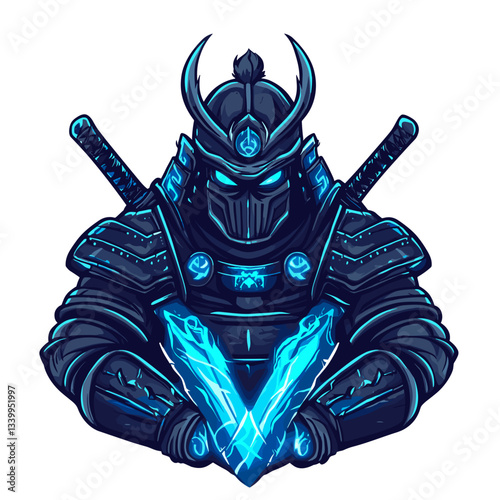 Bold samurai esports logo features a ghostly warrior with tattered armor and glowing blue blades in a fierce battle stance