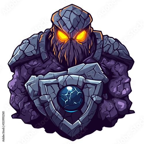 Unique cyclops logo design featuring a hulking character with glowing eyes and a stone shield