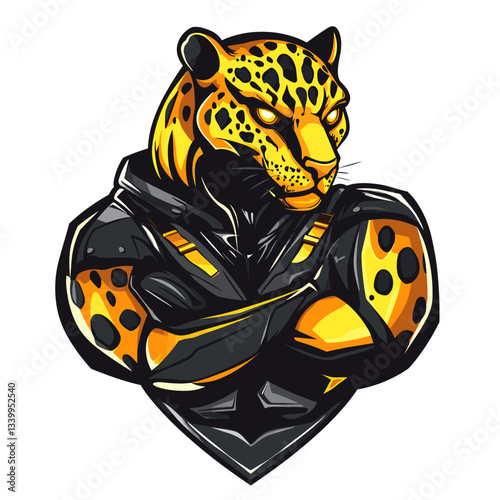Sleek muscular jaguar logo with piercing golden eyes designed for a futuristic esports team