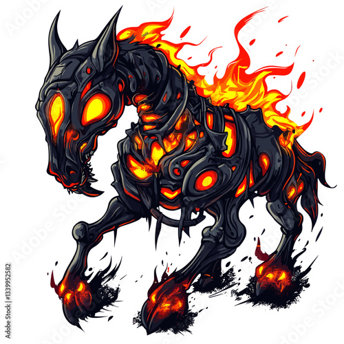 Skeletal warhorse engulfed in demonic flames showcases fierce energy and captivating design for esports branding