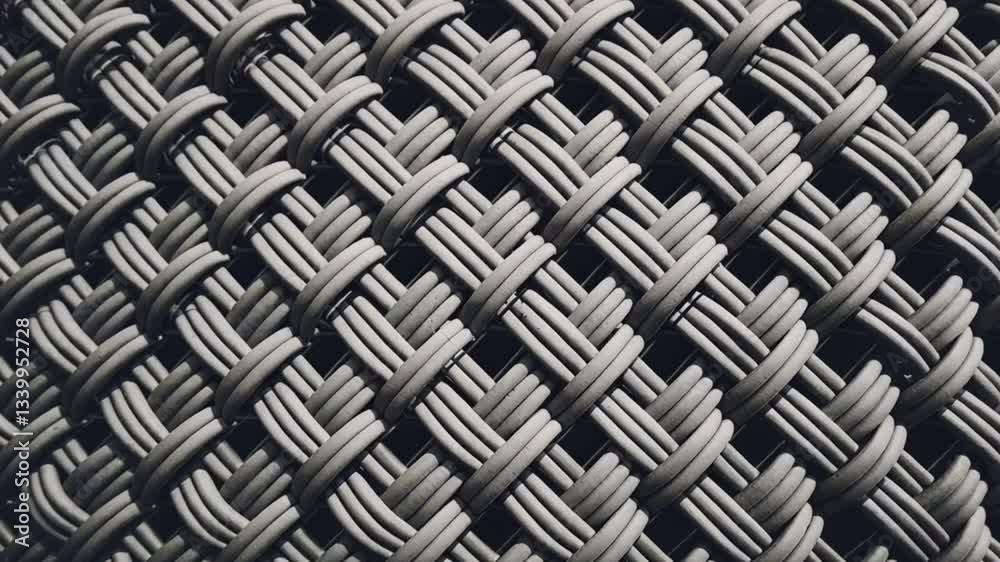 A close up of woven gray plastic strands creating an intricate textured pattern design surface view