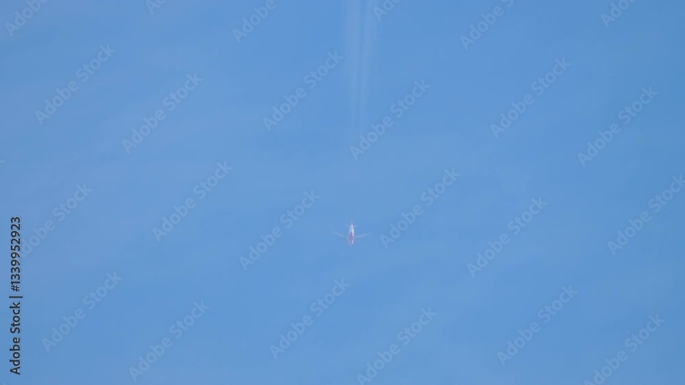 A jet plane high in the sky, a slight contrail behind it. Shot of long trail of jet airplane on blue sky