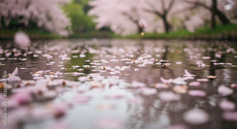 Fototapeta premium Soft-focus cherry blossom petals floating on a calm water surface
