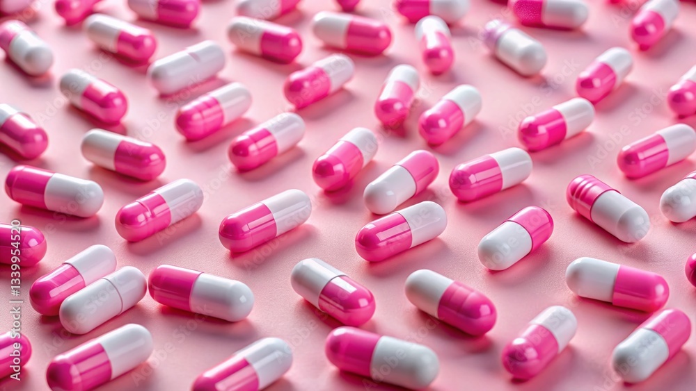 Aerial View: Assorted Pink Pills & Capsules on Soft Pink Background - Drone Photography Aerial View: Assorted Pink Pills & Capsules on Soft Pink Background - Drone Photography