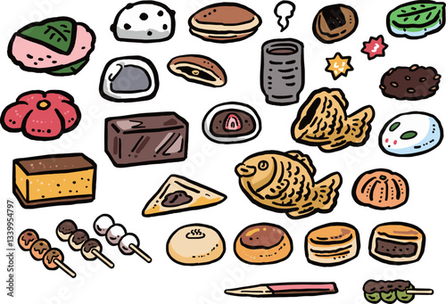いろいろな和菓子の手描き風イラストセット