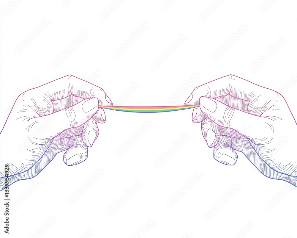 Obraz premium A pair of hands stretches a colorful elastic band, showcasing a playful interaction with vibrant hues.