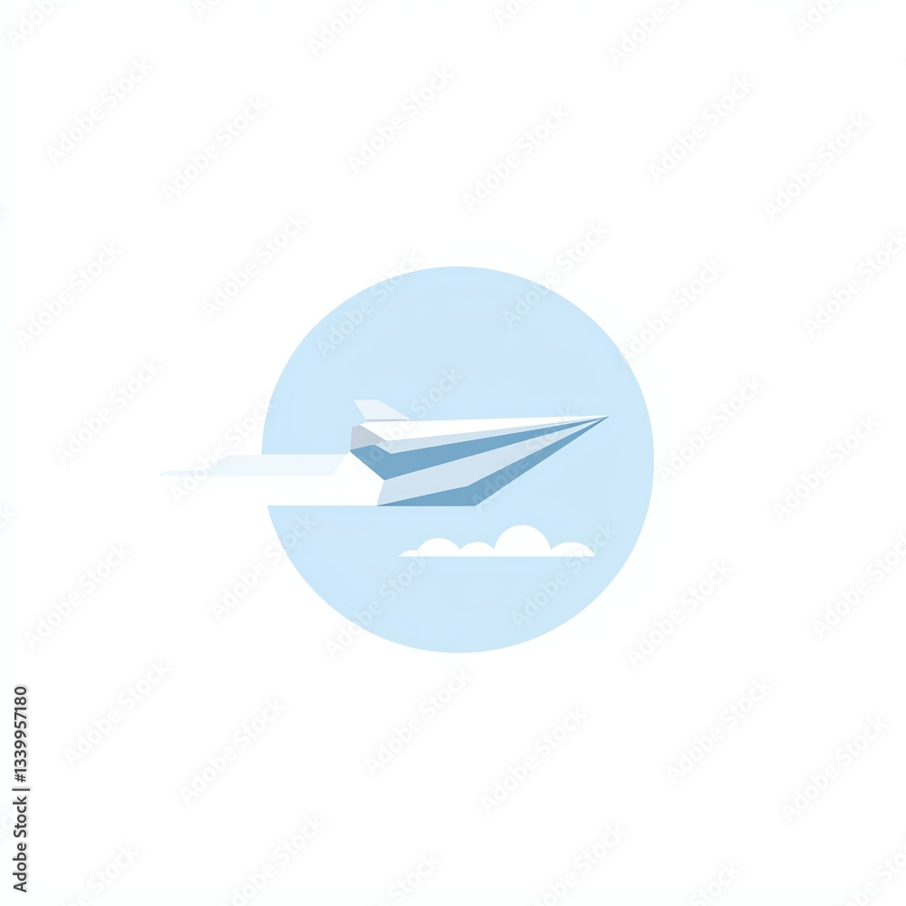 Flat vector icon of a paper airplane in flight, pastel sky blue and soft gray colors, simple and sleek appearance Flat vector icon of a paper airplane in flight, pastel sky blue and soft gray colors, simple and sleek appearance
