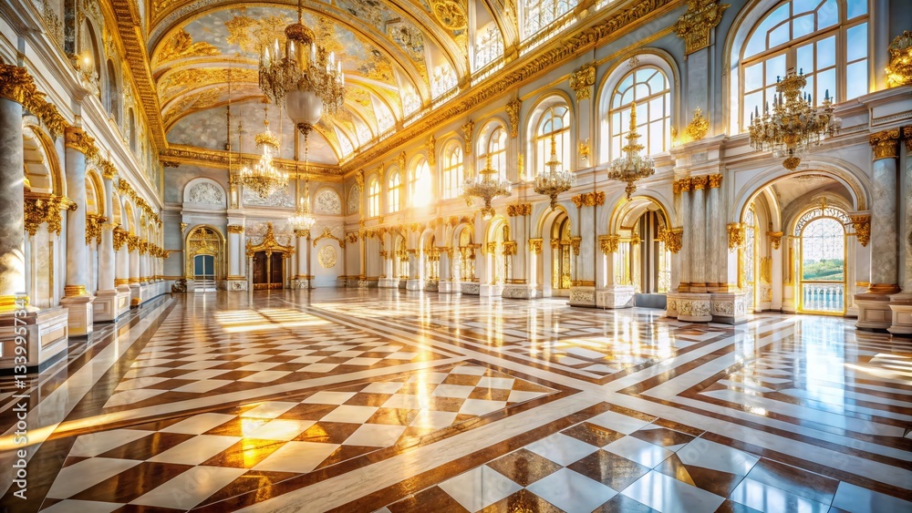 Obraz premium Aerial View: Luxurious White & Gold Marble Palace Hall - Perfect Wedding Background