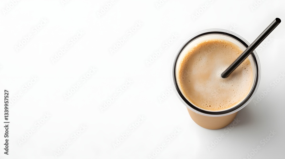 Cold coffee beverage with a straw sits on white surface