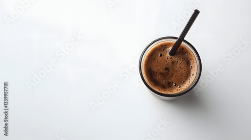 Top down view of coffee in glass with straw