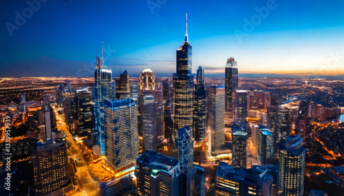City skyline at night with skyscrapers and urban cityscape