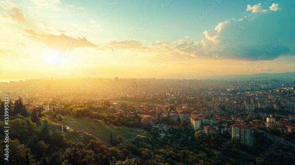 Fototapeta premium Ankara, Turkey at sunset. Buildings and trees are visible. Use to illustrate urban life, tourism, or travel in Turkey.