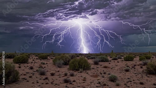 Multiple lightning strikes hitting the ground during a powerful desert thunderstorm in Arizona