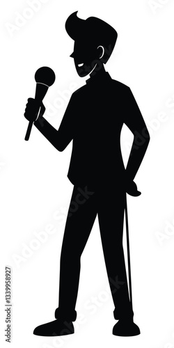 Talk show man with microphone in hand silhouette vector, entertainment or comedy actor on stage