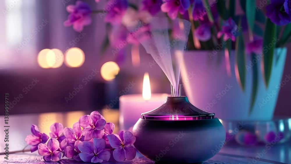 Relaxing atmosphere with aromatherapy diffuser and delicate flowers in soft lighting