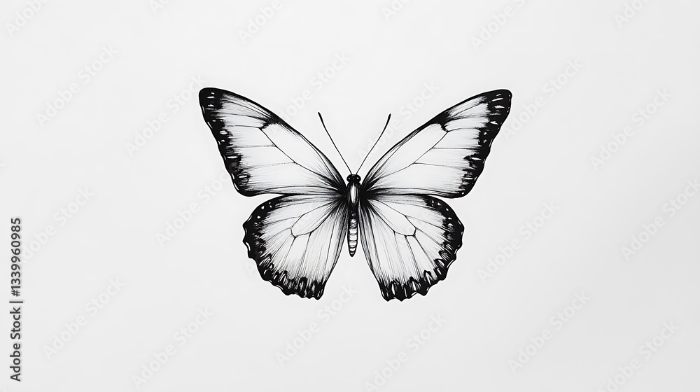 Obraz premium An artistic monochrome illustration of a butterfly on a white background