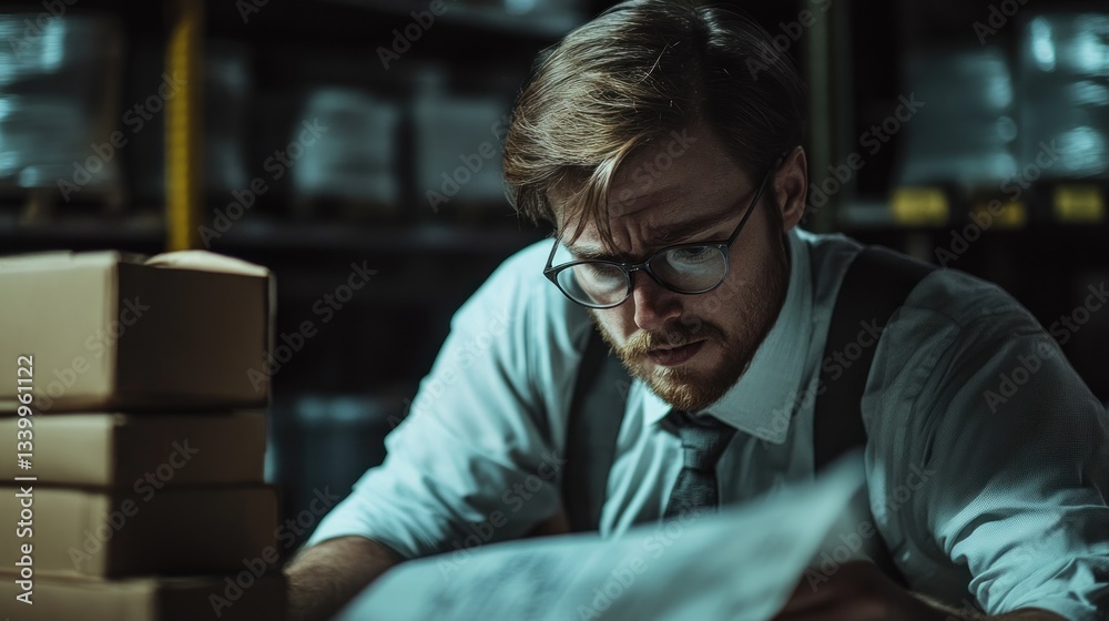 Obraz premium Serious Man Reviewing Documents in Warehouse Late at Night