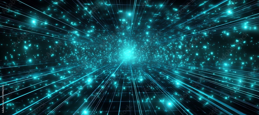 Naklejka premium Glowing Cyan Laser Beams Moving Through A Digital Space, Creating Futuristic Patterns With A High-Tech Backdrop